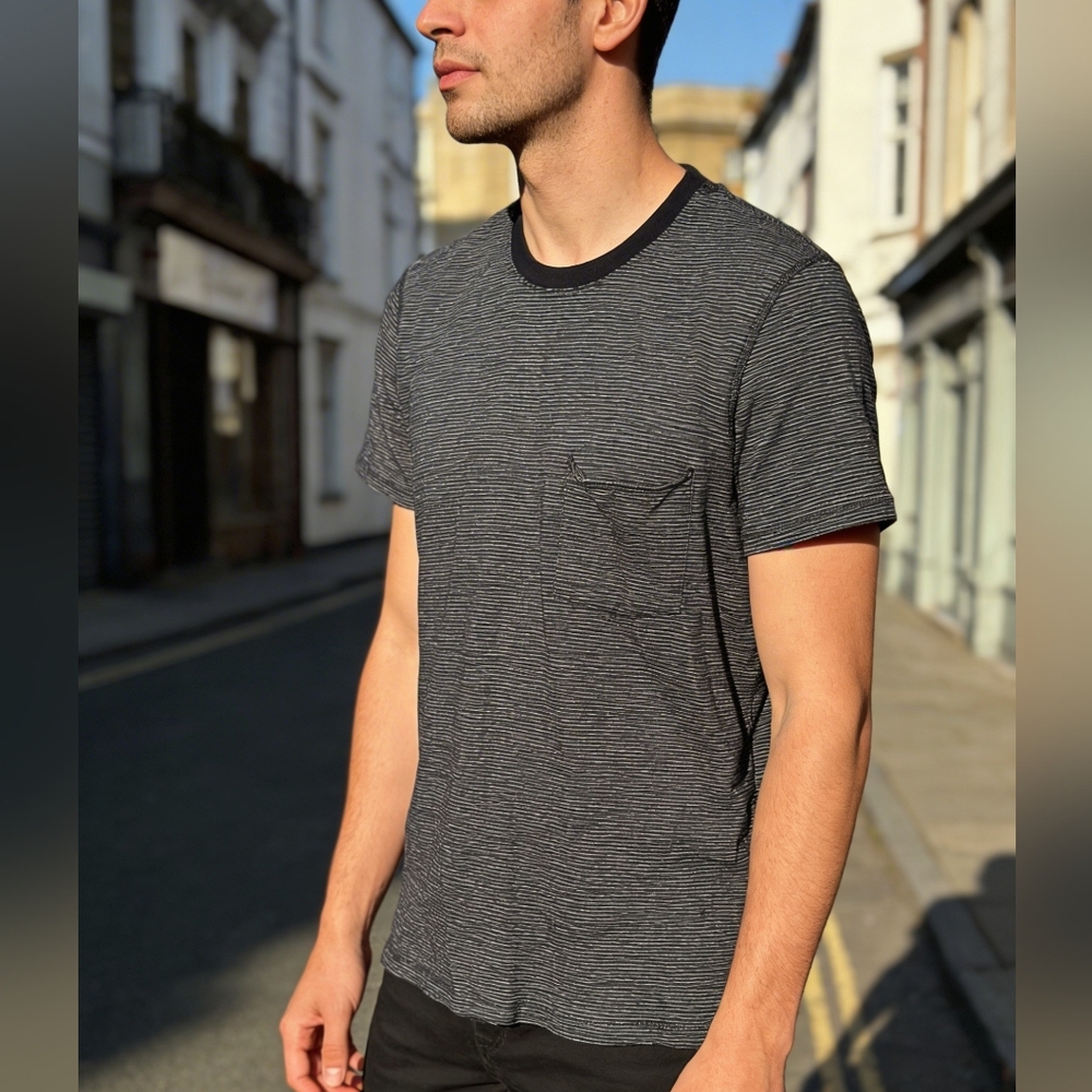 7 For All Mankind Striped Pocket Tee Size S Blue Black Cotton Linen Shirt